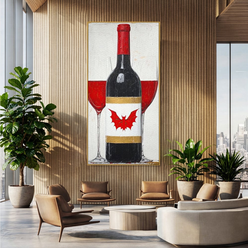 Tablou canvas cu tablou canvas cu sticla de vin si lilieci, in rama de aluminiu auriu, pe perete intr-un birou